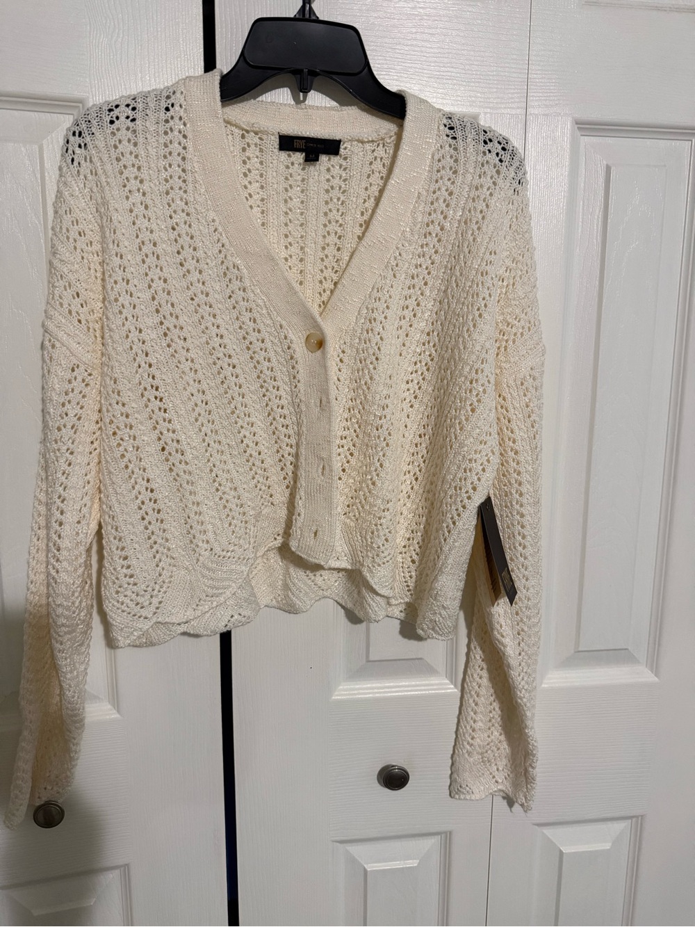 Frye Cream Open-Knit V-Neck Button Cardigan